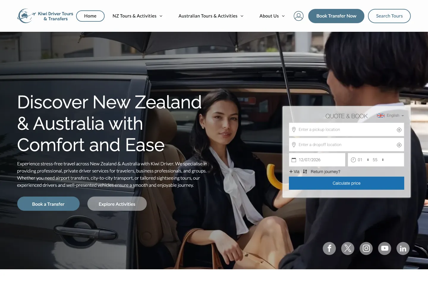 The Kiwi Driver Tours & Transfers website — private transfers and tours across New Zealand and Australia